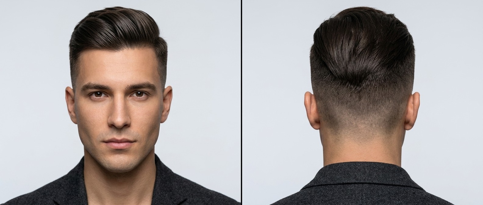 Vue de profil et de dos d'un homme aux cheveux bruns épais portant un undercut avec skin fade et cheveux coiffés vers l'arrière.