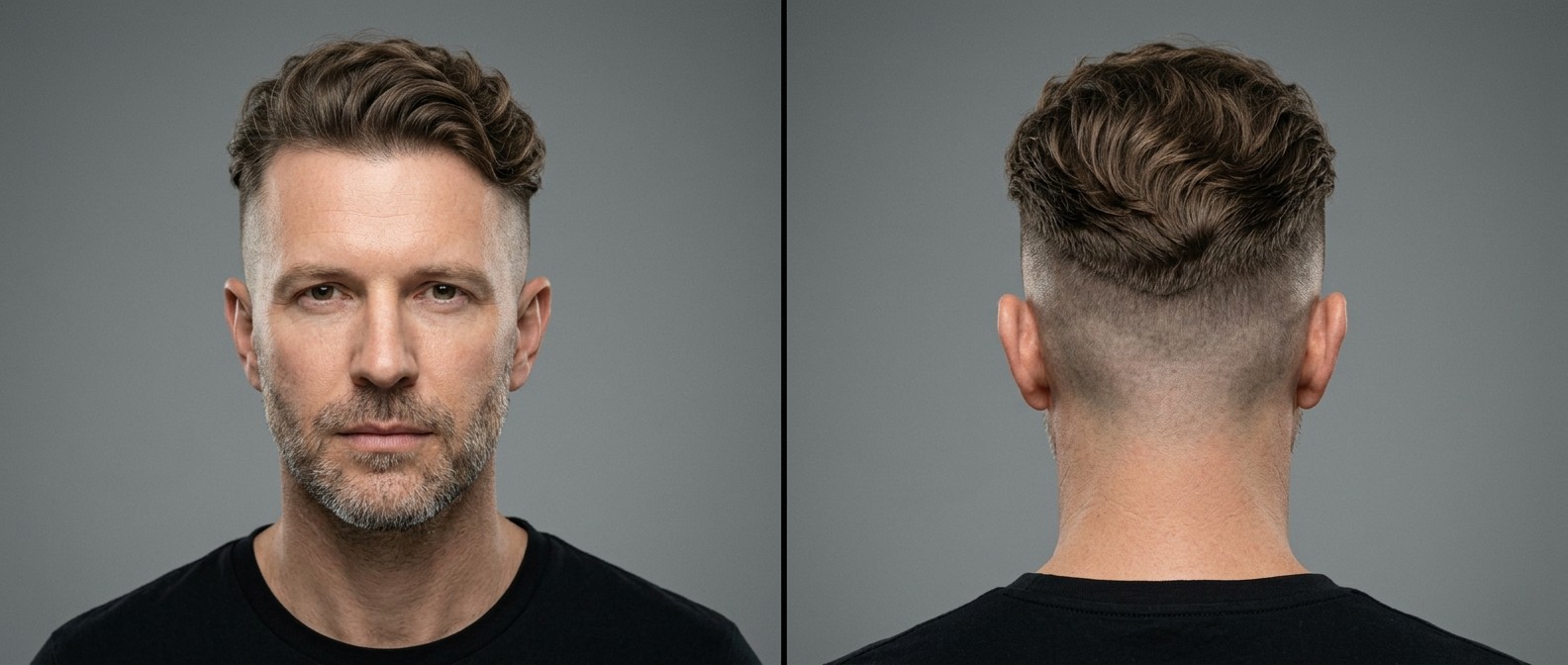 Front and back view of a mature man with a wavy swept-back undercut, featuring a high skin fade, textured brown hair, and a neat stubble beard.