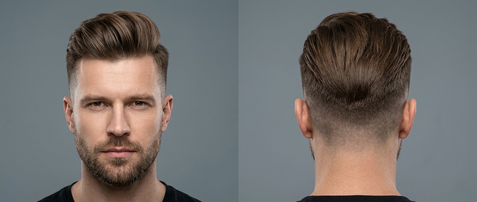 Homme de 40 ans avec barbe courte portant un undercut moderne balayé vers l'arrière et un pompadour texturé.
