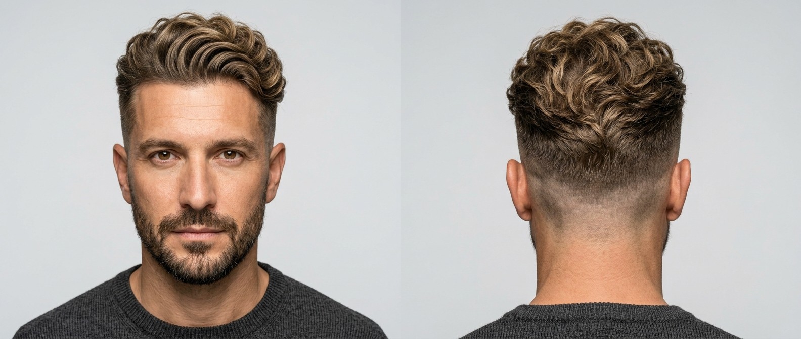 Vue de face et de dos d'un homme mature, barbe courte, undercut dégradé à blanc avec cheveux blonds ondulés coiffés vers l'arrière.