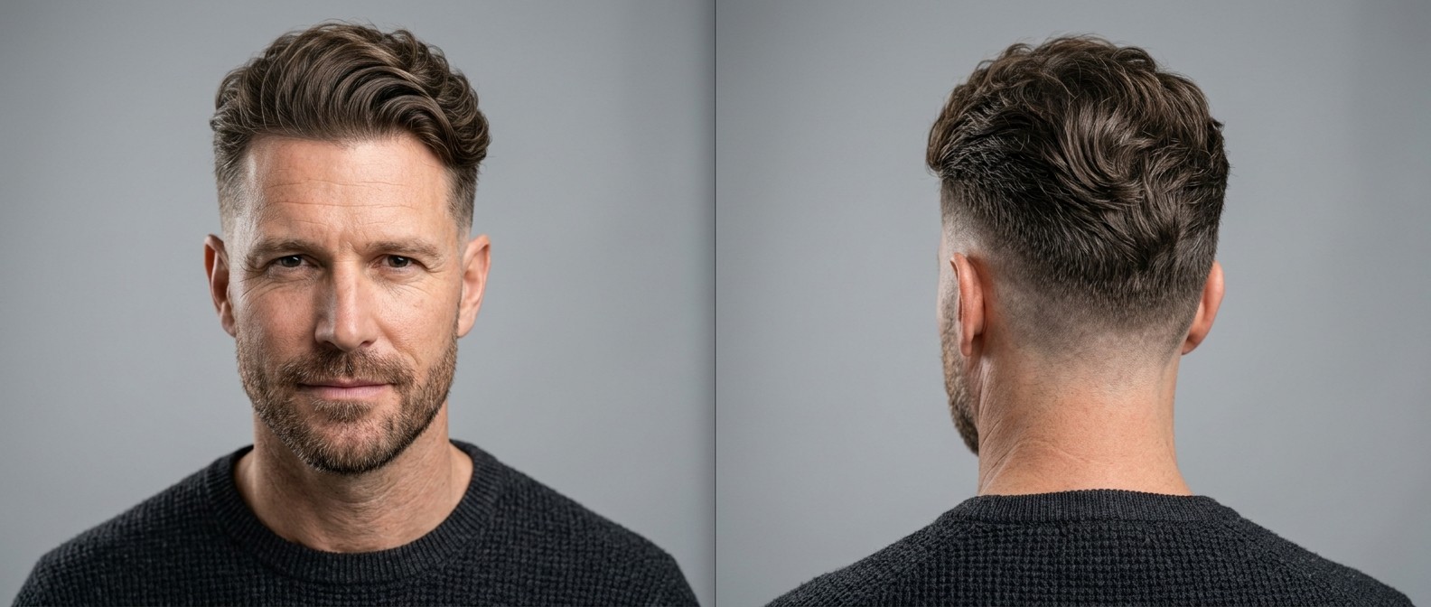 Mature man with a wavy swept-back undercut fade, featuring thick brown hair, a natural widow's peak, and neat stubble beard against a grey background.