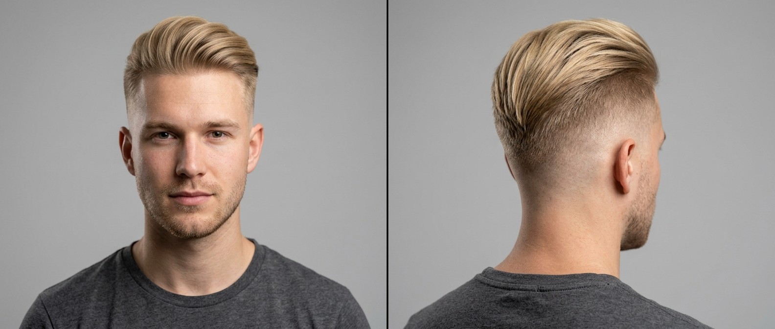 Front and back view of a young blonde man with a swept-back disconnected undercut, featuring a high skin fade and voluminous textured top.