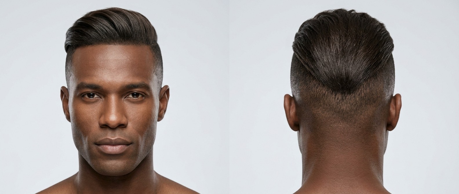 Homme noir de 35-45 ans avec un undercut déconnecté, skin fade haut et cheveux longs brun foncé plaqués en arrière.