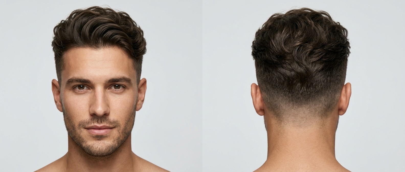 Front and back view of a young man with a wavy textured undercut, featuring tight drop-faded sides and voluminous swept-back dark brown hair.